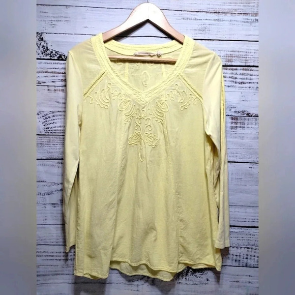 Soft Surroundings Azulle Pullover in Yellow  Embroidered size Medium Beachy Boho - Picture 2 of 7